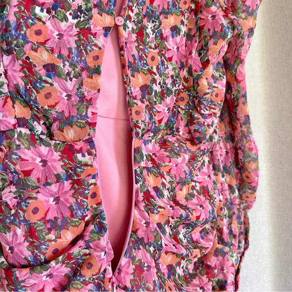 ZARA Floral Draped Mini Pink Dress Crewneck Puff Shoulders XS - Picture 4 of 11